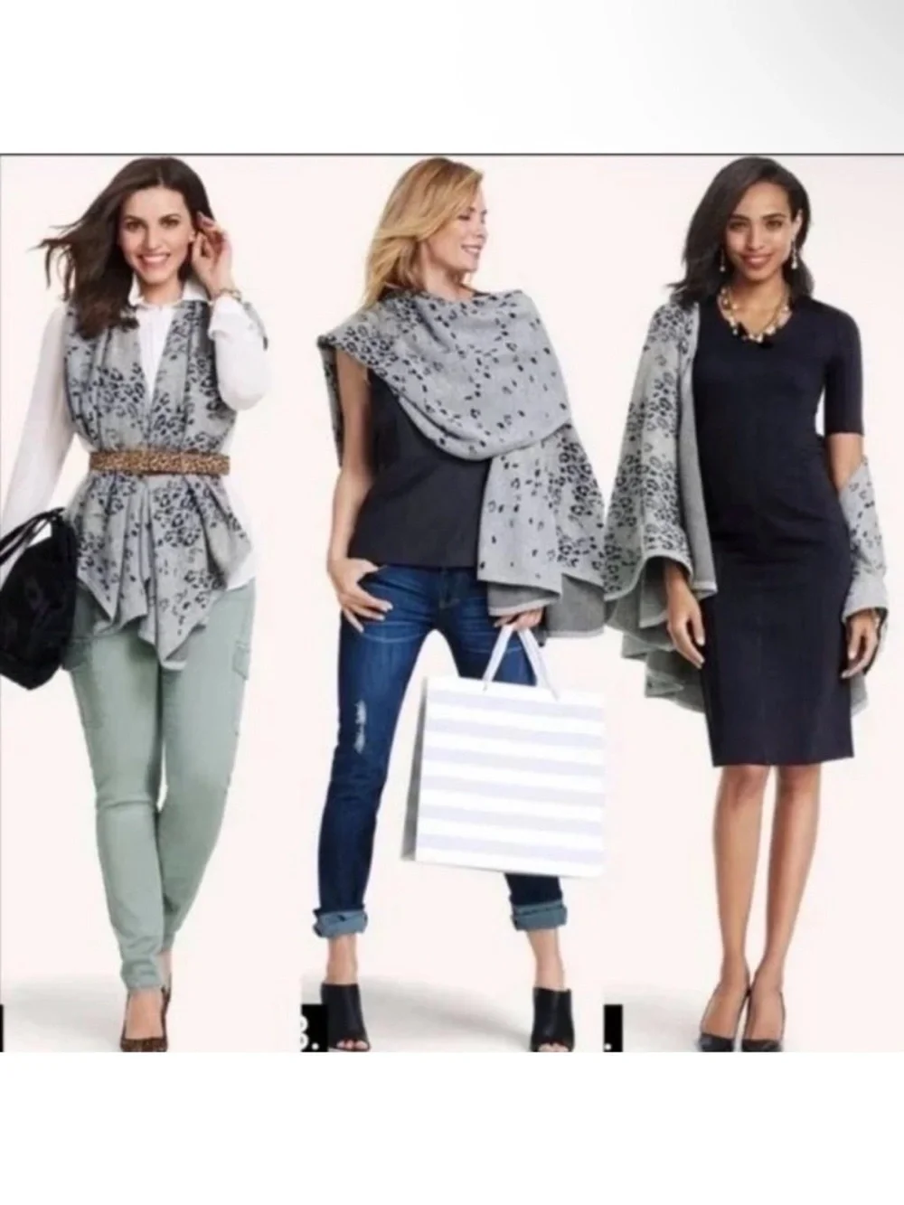 CABI Neutral Grey Cozy Chic GiGi Animal Print Knit Layering Wrap One Size